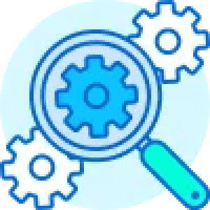 Cogs with magnifying glass icon